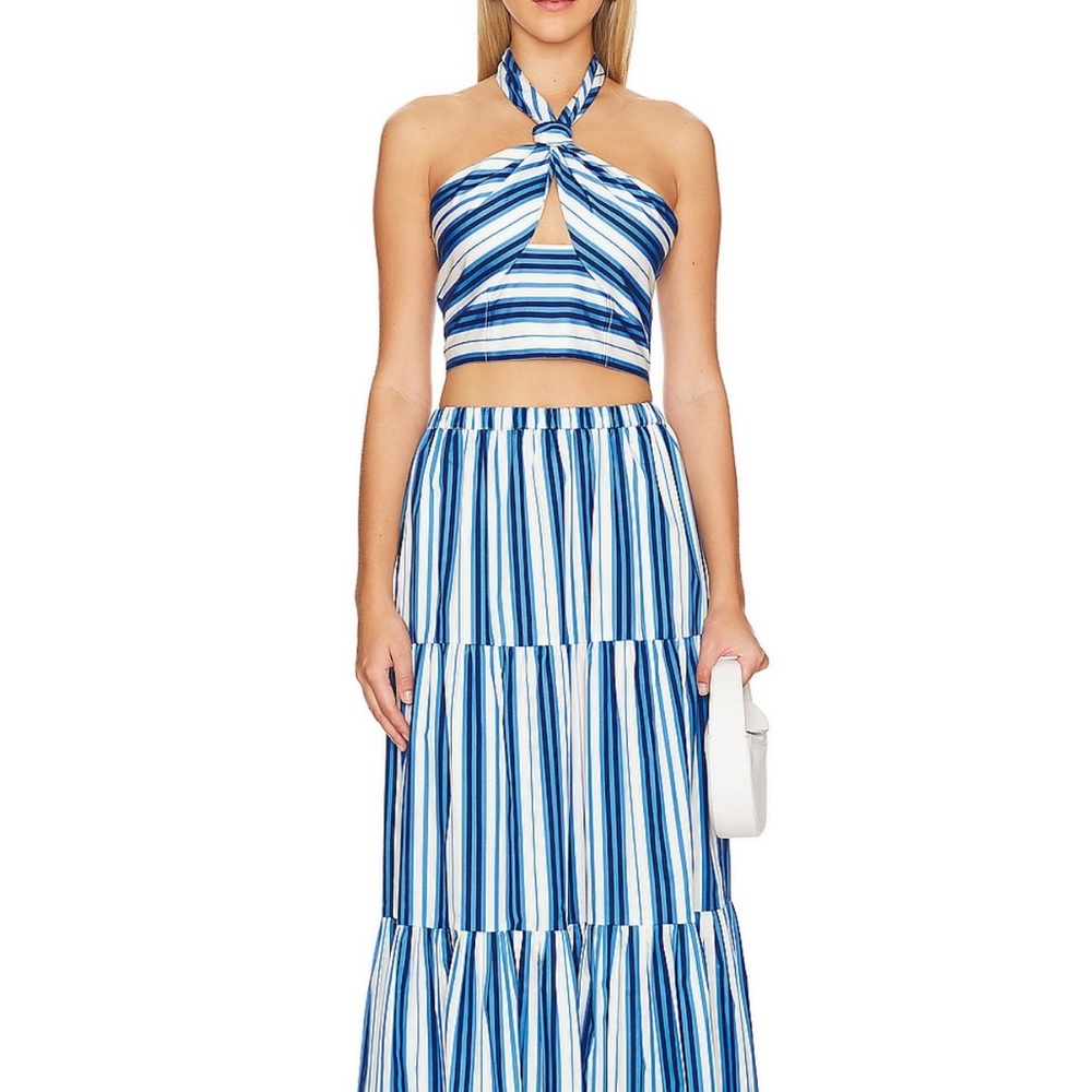 💙 REVOLVE SOLID & STRIPED Blue Maxi A-line Tiered Skirt for Resort Wear 💙